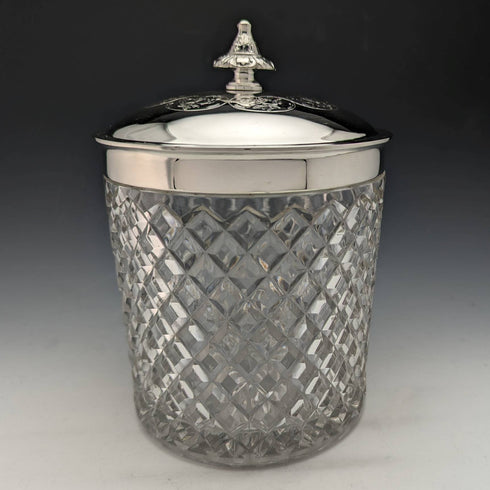 1869 British antique cut glass biscuit barrel silver plate lid